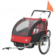 HOMCOM Remorque vélo enfant 2 en 1 avec ceinture de sécurité 5 points, réflecteurs, drapeau et rideau coupe-vent, rouge