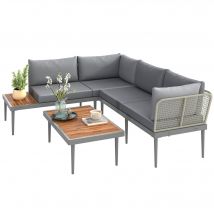 Outsunny Salon de jardin extérieur 4 places modulable en bois d'acacia, canapé d'angle extérieur avec table basse et coussins