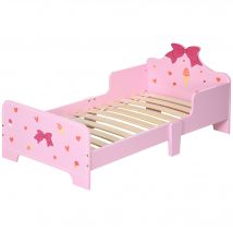 ZONEKIZ Lit pour Enfants avec Barrières et Fantaisie de Nœuds et Cœurs, Âge 3-6 Ans, 143x74x59 cm, Rose