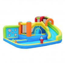 Château gonflable avec soufflerie, parc aquatique multifonctionnel et parc de trampolines pour enfants avec toboggan aquatique, panier de basket et mur d'escalade, 410x315x203 cm, Bleu