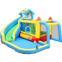 Château gonflable pour enfants 5 en 1, Château gonflable avec toboggan, zone de saut, piscine d'eau et filet de football, 364x315x239 cm, Bleu