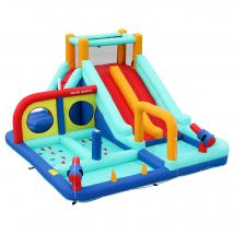 Château gonflable pour enfants, parc aquatique multifonctionnel extérieur avec soufflerie, doubles toboggans, mur d'escalade et pistolet à eau, 365x450x217 cm, Bleu