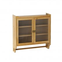 Armoire murale avec portes en verre, espace de rangement à trois niveaux et porte-serviettes, pour salle de bain, cuisine, salle à manger, 63x18x60 cm, Couleur naturelle