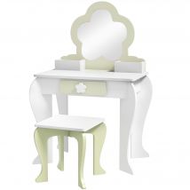 ZONEKIZ Ensemble Coiffeuse pour Fillette avec Miroir de Maquillage et Tabouret Assorti en Bois, Tiroir et Contenants, Blanc