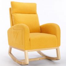 Fauteuil à bascule moderne en tissu Teddy, avec assise rembourrée et poche latérale cachée, pour salon et chambre, 71x88x104,5 cm, Jaune