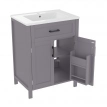 Armoire de salle de bain autoportante avec lavabo, étagères à double porte, tiroirs pratiques, étagères réglables, 60x46x84,8 cm, Gris