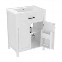 Armoire de salle de bain autoportante avec lavabo, étagères à double porte, tiroirs pratiques, étagères réglables, 60x46x84,8 cm, Blanc