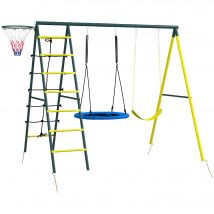 Outsunny 4 in 1 Schaukelset, Schaukel Gerüst, Kinderschaukel, 2er Schaukel, Basketballkorb, Kletterleiter, Stahl, Gelb   Aosom.de