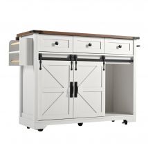 Îlot de cuisine avec plateau rabattable, chariot de service sur roulettes avec 2 portes coulissantes et 3 tiroirs, 140x45/73x94 cm, Beige