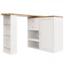 Um 360° drehbarer Bartisch mit 2 Schubladen und Schiebetürschrank, 3 Ebenen offener Stauraum, Weiß