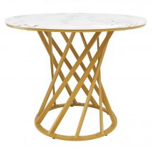 Table ronde, table de cuisine avec plateau en MDF et pieds en métal, 80x80x76 cm, Blanc+Or