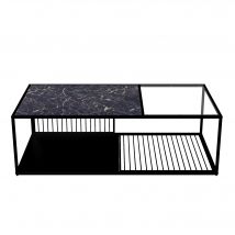 Table basse avec verre trempé, pour un grand espace de rangement, 110x48x35 cm, Noir