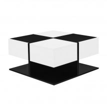 Table basse avec 2 tiroirs, table de salon carrée avec rangement, 70x70x35,5 cm, Noir+Blanc