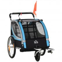 HOMCOM Fahrradanhänger 2 in 1  Kinderwagen Buggy, 360° Drehbar, Stahl Oxford, Blau+Schwarz  Aosom