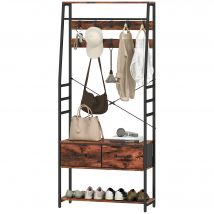 HOMCOM Meuble d'entrée 6 en 1 portemanteau tringle à vêtements étagère 2 tiroirs 10 crochet 80 x 30 x 180 cm brun rustique