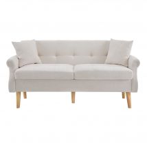Canapé 2 places moderne en tissu chenille avec coussins épais, pieds robustes en bois massif, 162x74x77 cm, Beige
