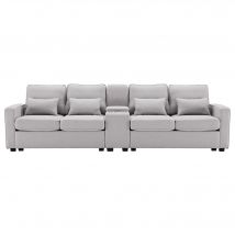 Canapé 4 places moderne en tissu de lin, avec console, 2 porte-gobelets, 2 ports USB, 290x83x88 cm, Gris