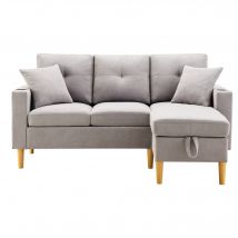 Canapé d'angle moderne en L, 3 places avec méridienne et rangement, porte-gobelet intégré, 175x129x90 cm, Gris clair