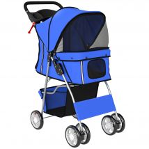 PawHut Hundewagen Hundebuggy Faltbar Katzenwagen bis 10kg mit Reflektorstreifen Aufbewahrungskorb waschbar Kissen Netzfenstern Getränkehaltern 360° drehbare Räder mit Bremse für kleine Hunde Blau   Aosom