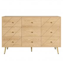 Commode 9 tiroirs avec beaucoup de rangement, motifs géométriques, 120x39x80 cm, Couleur naturelle