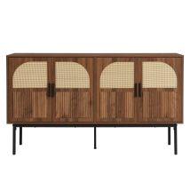 Buffet moderne en rotin, 4 portes, grand espace de rangement, design rétro naturel, 140x40x80 cm, Couleur naturelle