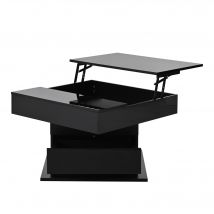 Table basse pivotante à 360° avec fonction relevable, rangement dissimulé et 1 tiroir, 70x70x45 cm, Noir