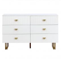 Buffet moderne avec 6 tiroirs, poignées en éventail et pieds en acier, beaucoup d'espace de rangement, 120x40x75 cm, Blanc
