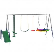 AIYAPLAY Schaukelgestell Kinder Outdoor 5-in-1 mit Rutsche, 3 Schaukeln, Gegenüber-Schaukel, Außenspielplatz aus Stahl, höhenverstellbar, Tragfähigkeit 350 kg, Für Kinder 3-8 Jahre, Mehrfarbig   Aosom