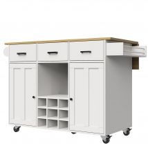 Desserte de cuisine avec plateau rabattable, 3 tiroirs, 2 portes, casier à bouteilles et porte-serviette, 124x40/65x91,5 cm, Blanc