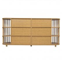 Kommode Sideboard, 6 Schubladen & offene Regale, Römisches Design mit Säulen & Bambus-Regalen, 160x40x75 cm, Naturfarbe