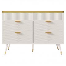 Kommode Sideboard aus 6 Schubladen und Bernstein Glas, Hochschrank für Schlafzimmer und Wohnräume, 120x40x76 cm, Weiß