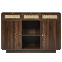 Kommode Sideboard, 3 Schubladen + 2 Schränke mit offenem Mittelregal und Rattan-Fronten, 120x40x85 cm, Braun