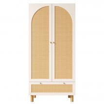 Kleiderschrank 2-türig mit Rattan-Front, große Schublade, höhenverstellbare Regale und Kleiderstange, 85,5x52x180,5 cm, Weiß