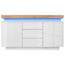 Sideboard-Kommode mit 2 Türen und 3 Schubladen, LED-Beleuchtung, 140x39x81 cm, Weiß