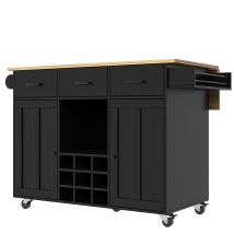 Küchenwagen mit ausklappbarer Arbeitsplatte, 3 Schubladen, 2 Türen, Weinfach und Handtuchhalter, 124x40/65x91,5 cm, Schwarz