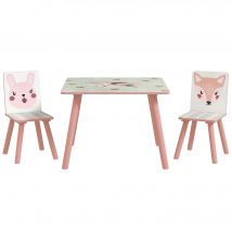 ZONEKIZ Kindertisch mit 2 Stühlen 3-teilig Kindersitzgruppe mit Tiermotiv, Kinder Tisch Stuhl Set Kindermöbel Sitzgruppe für Kinderzimmer, für 3-8 Jahren Kinder, Rosa   Aosom