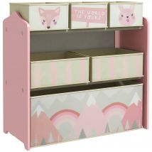 ZONEKIZ Kinderregal, Spielzeugregal mit 6 herausnehmbaren Aufbewahrungsboxen aus Vliesstoff, Bücherregal, Kinderzimmerregal für Kinderzimmer, Kindergarten, Spielzimmer, 63x30x66 cm, Rosa   Aosom
