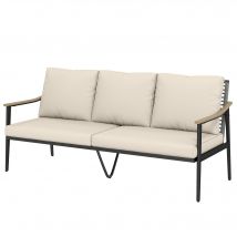 Outsunny Canapé de jardin 3 places en rotin, canapé lounge avec coussins amovibles, accoudoirs aspect bois, cadre en acier Kaki