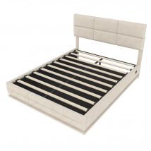 Lit rembourré en velours avec tête de lit réglable en hauteur, éclairage LED et système de levage hydraulique, sans matelas, 160x200 cm, Beige