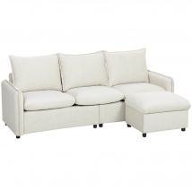 HOMCOM Ecksofa 3‑Sitzer Modulares L‑Sofa aus atmungsaktivem Lederoptik‑Stoff 212x125x84 cm mit Stauraum, abnehmbarem Hocker und Kissen, Wendbares L‑Sofa für Wohnzimmer, Creme   Aosom