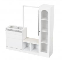 6-en-1 Meuble d'entrée avec éclairage LED, ensemble vestiaire, coiffeuse, banc à chaussures, armoire à chaussures rabattable et vitrine en verre, 163x35x161 cm, Blanc