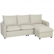 HOMCOM 3-Sitzer-Sofa mit Stauraum-Hocker, modulares Ecksofa 212 cm, modernes Design, gepolsterte Sitzfläche, Taschenfeder-Kissen, Leinenstoff, für Wohnzimmer, Schlafzimmer, Büro, creme   Aosom