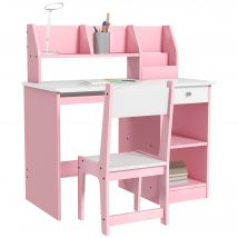ZONEKIZ Kinderschreibtisch mit ergonomischem Stuhl, Kinder-Schreibtisch-Set mit 2 Schubladen, offenen Regalen und Nischen, Tisch zum Lernen, Arbeiten und Schreiben, 90 x 45 x 90 cm, Rosa   Aosom