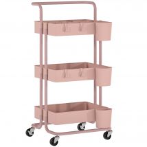 HOMCOM 3-stufiger Beistellwagen auf Rollen Küchenwagen mit Griff 3 Drahtkörbe und 3 Hängeboxen Aufbewahrungswagen für Bad Wohnzimmer 42x38x86,5 cm Rosa   Aosom