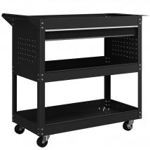 DURHAND Werkzeugwagen mit Griff und seitlichem Werkzeugpaneel, Schublade und 3 Ablagen, Werkstattwagen mit 4 Rollen (2 mit Bremse) aus Stahlblech für Garage, 82x35x76 cm, Schwarz   Aosom