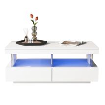 Table basse moderne laquée brillante avec éclairage LED, 2 tiroirs, 100x60x49,5 cm, Blanc