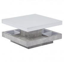 Table basse en finition brillante, pivotante à 360°, plateau à 2 niveaux avec compartiment de rangement, 70x70x36 cm, Blanc