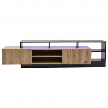 Meuble TV moderne, avec éclairage LED et espace de rangement ouvert, 190x40x48,5 cm, Noir + Couleur naturelle