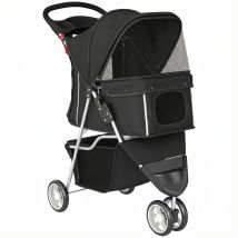 PawHut Hundewagen Hundebuggy Faltbar klappbar Katzenwagen bis 10kg mit Aufbewahrungskorb, Kissen, Netzfenster, Getränkehalter, 3 Räder, Aufbewahrungstasche, Haustierbuggy für kleine Hunde, Schwarz   Aosom