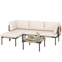Outsunny Ensemble lounge en Polyrattan 5 pièces avec 3 fauteuils, table en verre, repose-pieds, assise large & profonde, coussins amovibles
